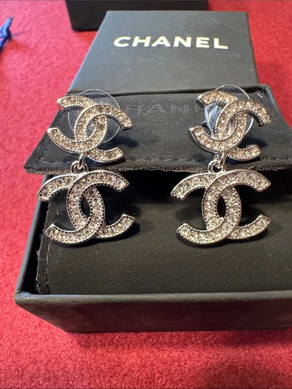 Chanel Crystal Double CC Drop Earrings - Silver Tone